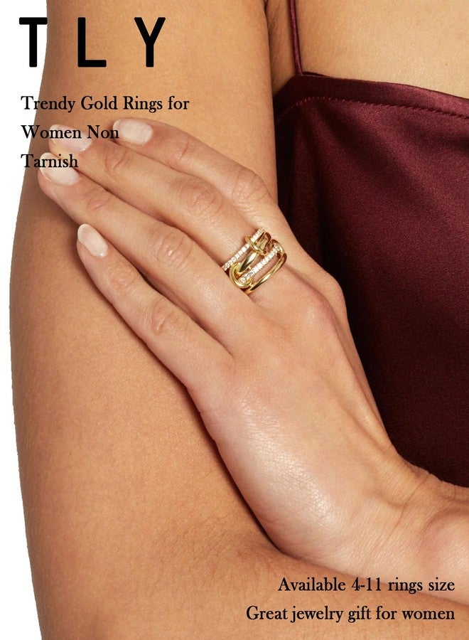 TLY Gold Silver Stackable Rings for Women Mixed Metal Interlocked Statement Ring Stack 14K Gold Plated Cubic Zirconia Fashion Two Tone Connected Bands Size 4-11 - Image 2